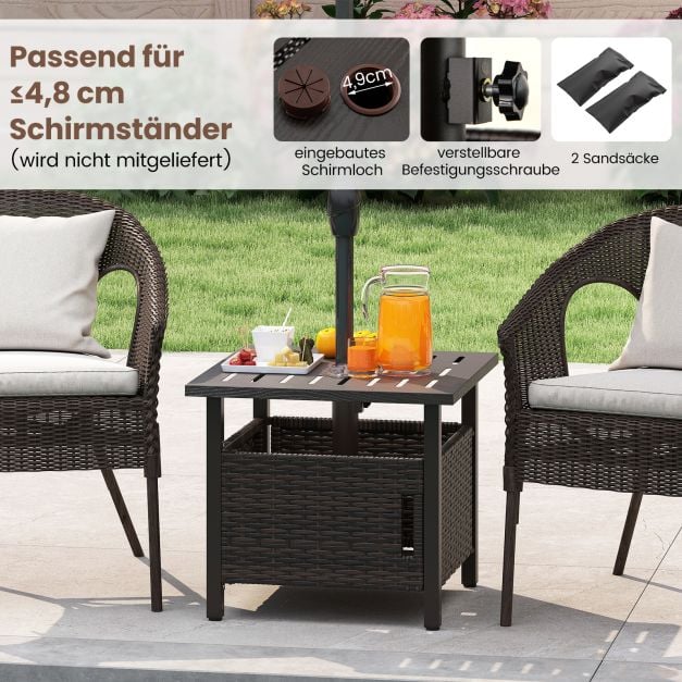 Coast Rattan Beistelltisch Mixed Brown - Wetterfester Gartentisch mit Sonnenschirmloch - 55,5 x 55,5 x 47,5 cm