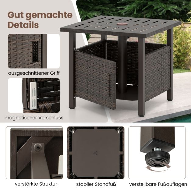 Coast Rattan Beistelltisch Mixed Brown - Wetterfester Gartentisch mit Sonnenschirmloch - 55,5 x 55,5 x 47,5 cm