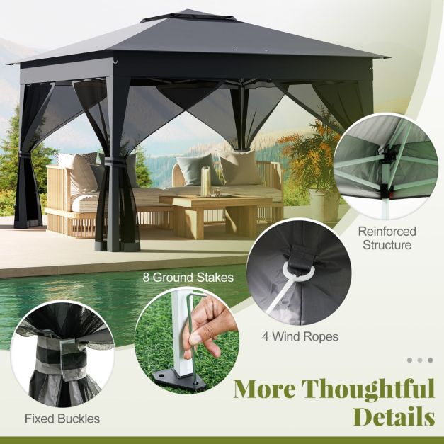 Coast Pop-up Partyzelt Grau - Gartenpavillon mit Doppeldach und Mesh-Wänden - 337 x 337 x 260 cm