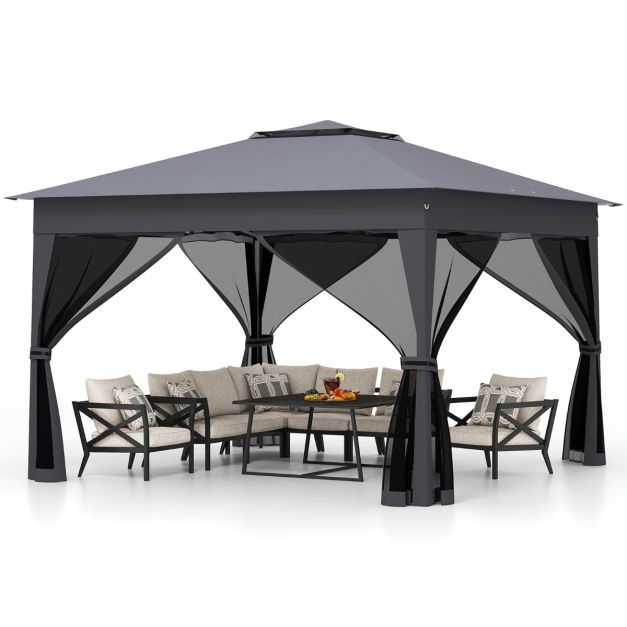 Coast Pop-up Partyzelt Grau - Gartenpavillon mit Doppeldach und Mesh-Wänden - 337 x 337 x 260 cm