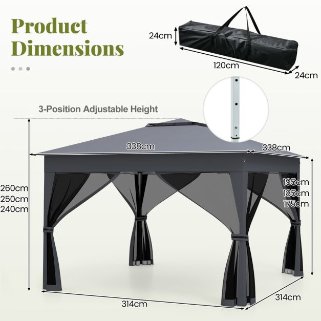 Coast Pop-up Partyzelt Grau - Gartenpavillon mit Doppeldach und Mesh-Wänden - 337 x 337 x 260 cm