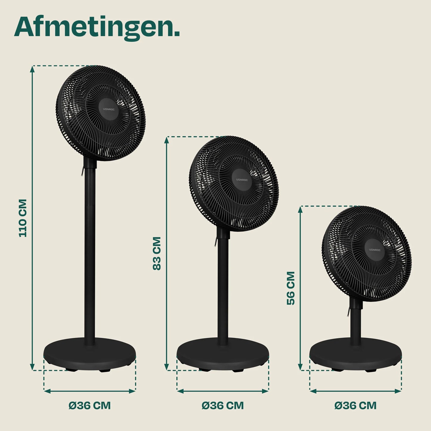 VONROC Standventilator mit Fernbedienung – in 3 Höhen verstellbar, mit 7 Ventilatorflügeln und Timer – für Schlafzimmer und Wohnzimmer – schwarzer Kunststoff – 110 cm