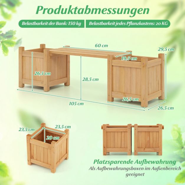 Coast Pflanzgefäß mit Gartenbank Holz Farbe - Massivholz Blumenkasten mit 2 Seitenkästen - 105 x 26,5 x 29,5 cm