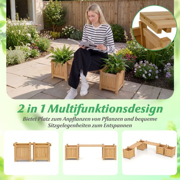 Coast Pflanzgefäß mit Gartenbank Holz Farbe - Massivholz Blumenkasten mit 2 Seitenkästen - 105 x 26,5 x 29,5 cm