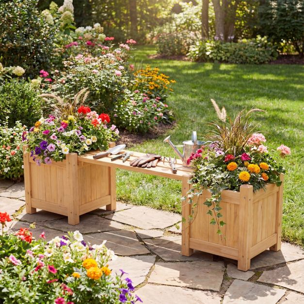 Coast Pflanzgefäß mit Gartenbank Holz Farbe - Massivholz Blumenkasten mit 2 Seitenkästen - 105 x 26,5 x 29,5 cm