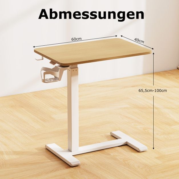 Coast Bed Table Natural - Mobiler höhenverstellbarer Beistelltisch mit Getränkehalter - 60 x 40 x 65,5-100 cm