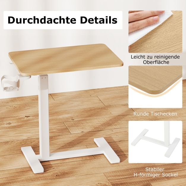 Coast Bed Table Natural - Mobiler höhenverstellbarer Beistelltisch mit Getränkehalter - 60 x 40 x 65,5-100 cm
