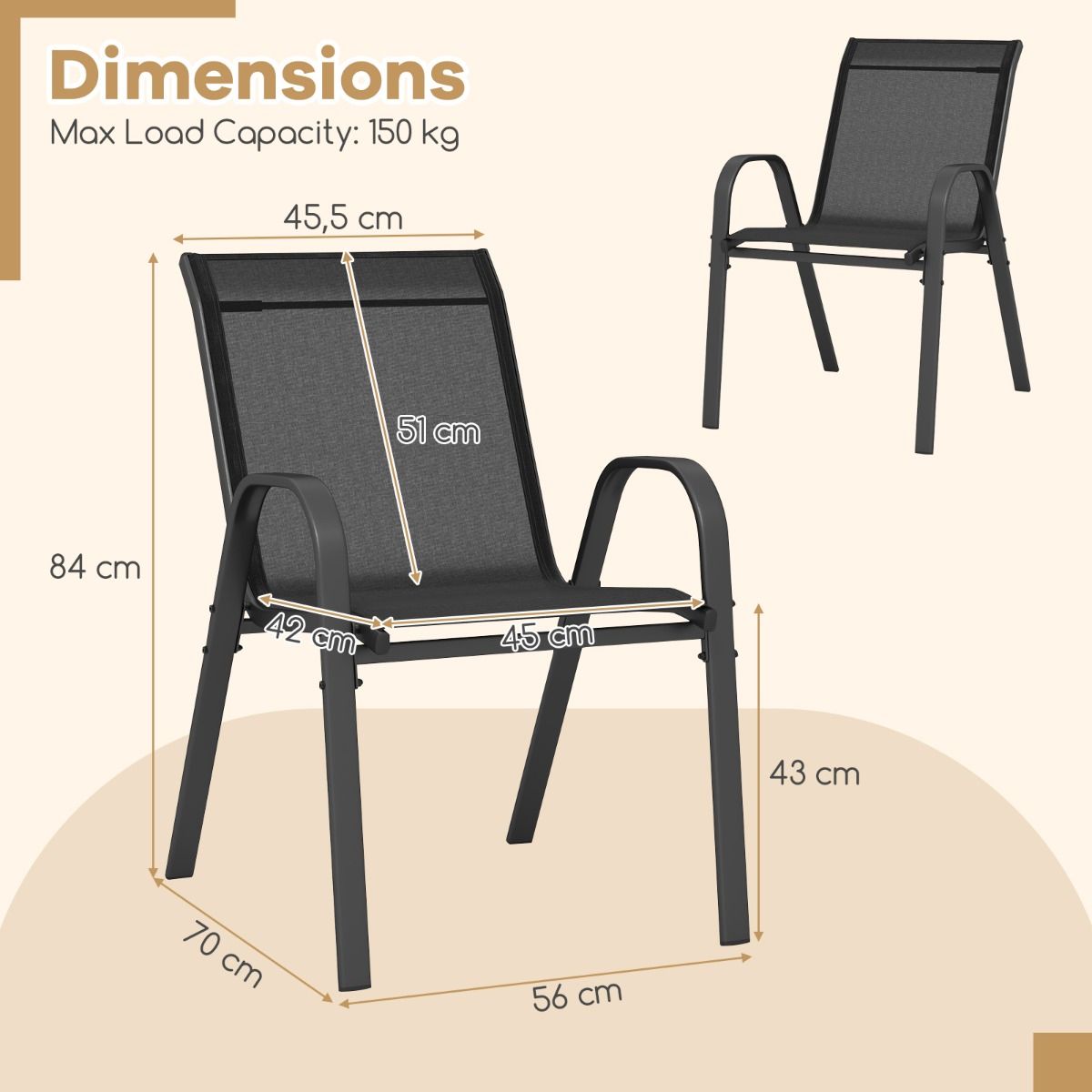 Coast 2er-Set stapelbarer Terrassenstühle mit Armlehnen - Schwarz - 55 x 63 x 89 cm