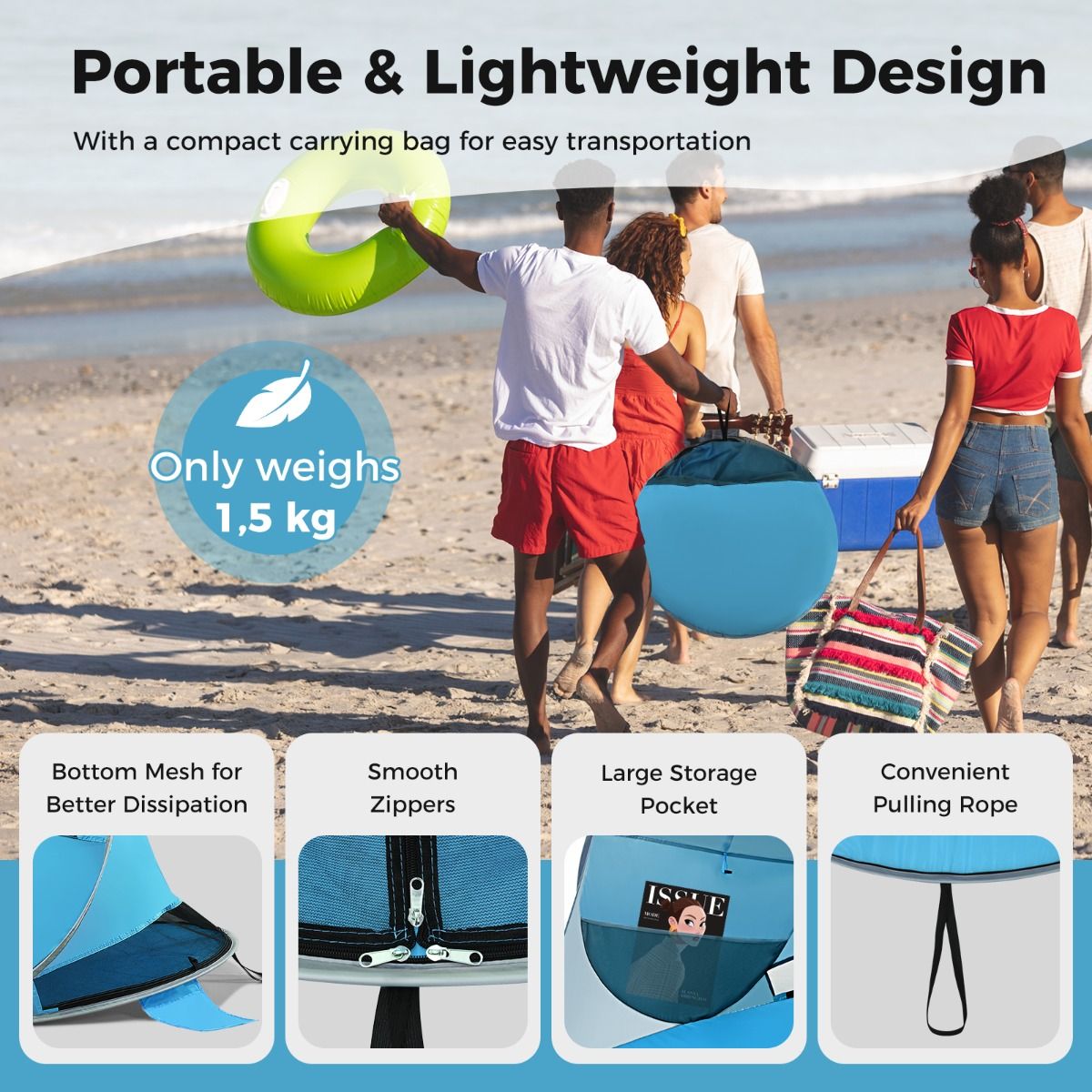 Coast Pop-Up Beach Tent Sonnenschutzzelt für 3-4 Personen - UPF 50+ Silberbeschichtung - 220 x 159 x 115 cm - Blau