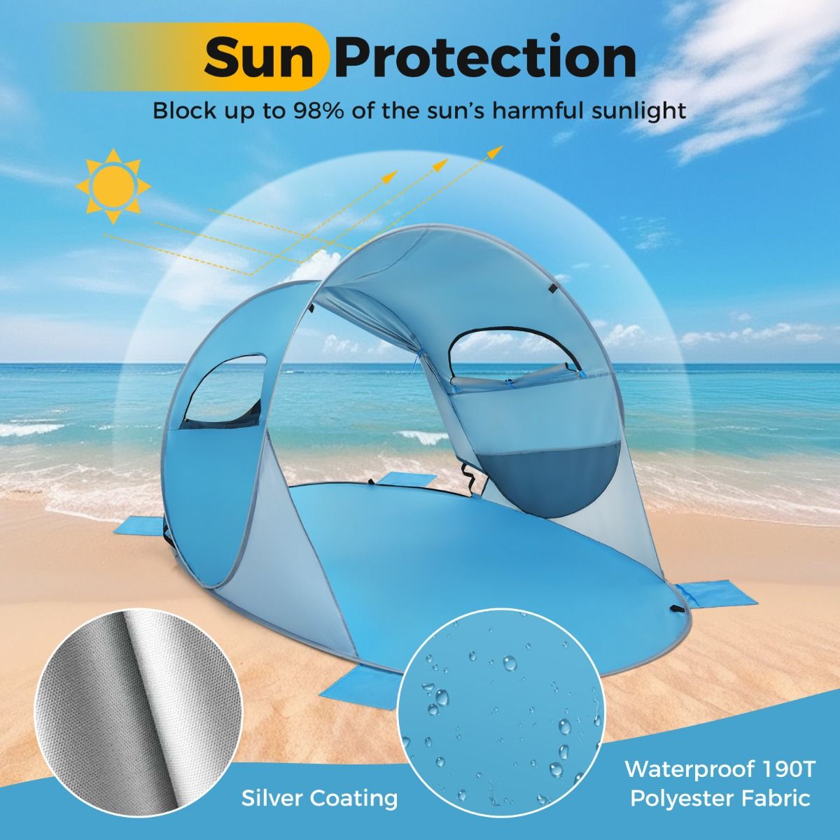 Coast Pop-Up Beach Tent Sonnenschutzzelt für 3-4 Personen - UPF 50+ Silberbeschichtung - 220 x 159 x 115 cm - Blau