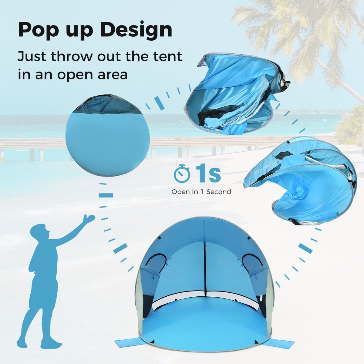 Coast Pop-Up Beach Tent Sonnenschutzzelt für 3-4 Personen - UPF 50+ Silberbeschichtung - 220 x 159 x 115 cm - Blau