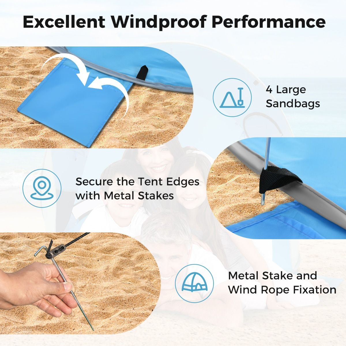 Coast Pop-Up Beach Tent Sonnenschutzzelt für 3-4 Personen - UPF 50+ Silberbeschichtung - 220 x 159 x 115 cm - Blau