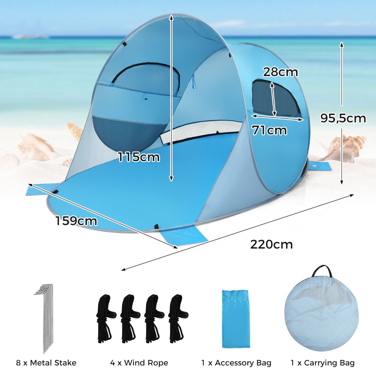 Coast Pop-Up Beach Tent Sonnenschutzzelt für 3-4 Personen - UPF 50+ Silberbeschichtung - 220 x 159 x 115 cm - Blau