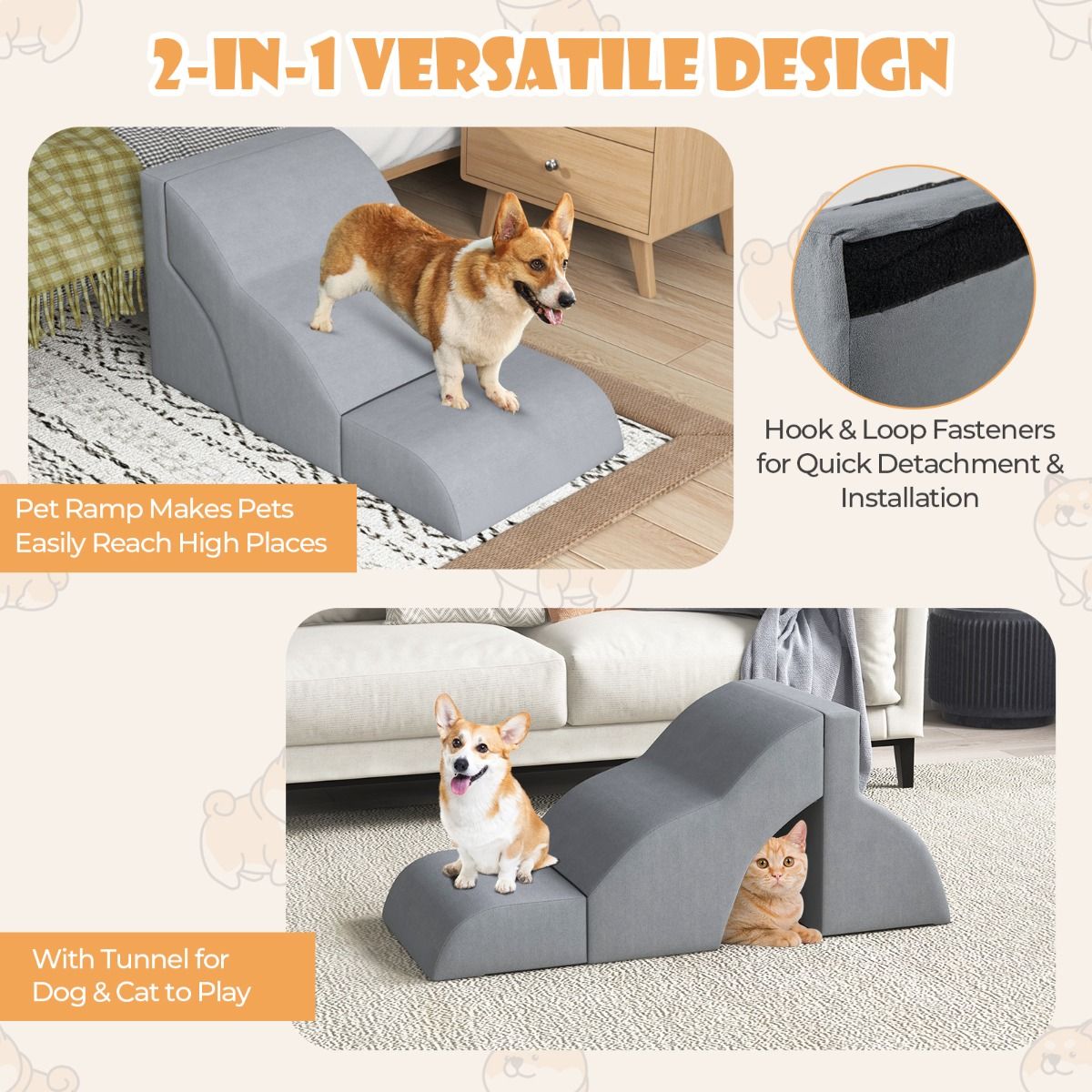 Coast Schaumstoff-Haustierrampe 2-in-1 - Mit 3 Ebenen - Rutschfest - 97 x 40 x 40 cm - Grau