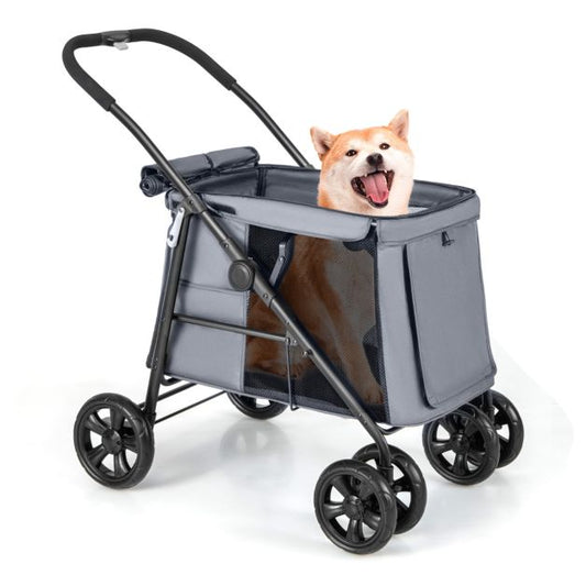 Luxuriöser faltbarer Kinderwagen für Haustiere - Grau/Schwarz - Atmungsaktiv, stoßabsorbierend und geräumig - 106x63x103 cm