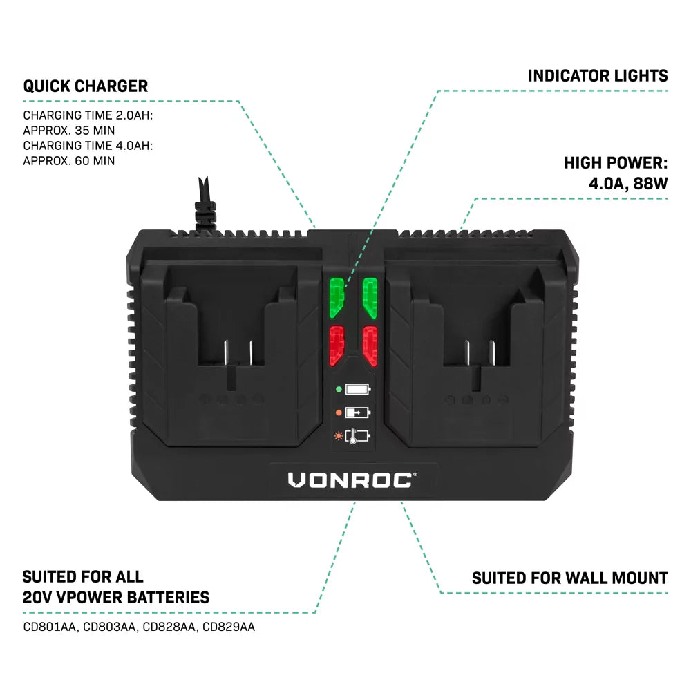 Vonroc VPower Dual Quick Charger 20V - 88W - 4.0A - Schnellladegerät für 20V-Batterien
