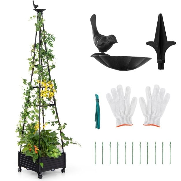 Coast Pflanzenstütze mit Blumenkasten, schwarz – Fahrbarer Gartenobelisk mit Klettergitter und Rädern – 41 x 41 x 206 cm