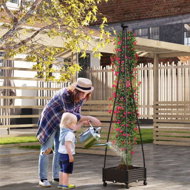 Coast Pflanzenstütze mit Blumenkasten, schwarz – Fahrbarer Gartenobelisk mit Klettergitter und Rädern – 41 x 41 x 206 cm