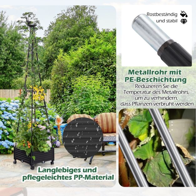 Coast Pflanzenstütze mit Blumenkasten, schwarz – Fahrbarer Gartenobelisk mit Klettergitter und Rädern – 41 x 41 x 206 cm