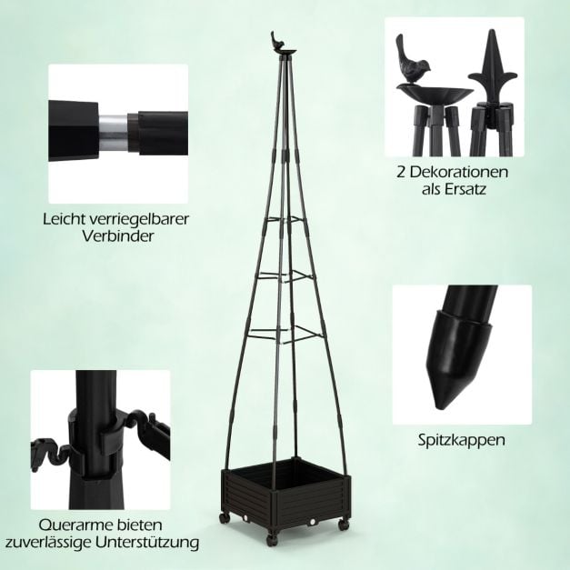 Coast Pflanzenstütze mit Blumenkasten, schwarz – Fahrbarer Gartenobelisk mit Klettergitter und Rädern – 41 x 41 x 206 cm