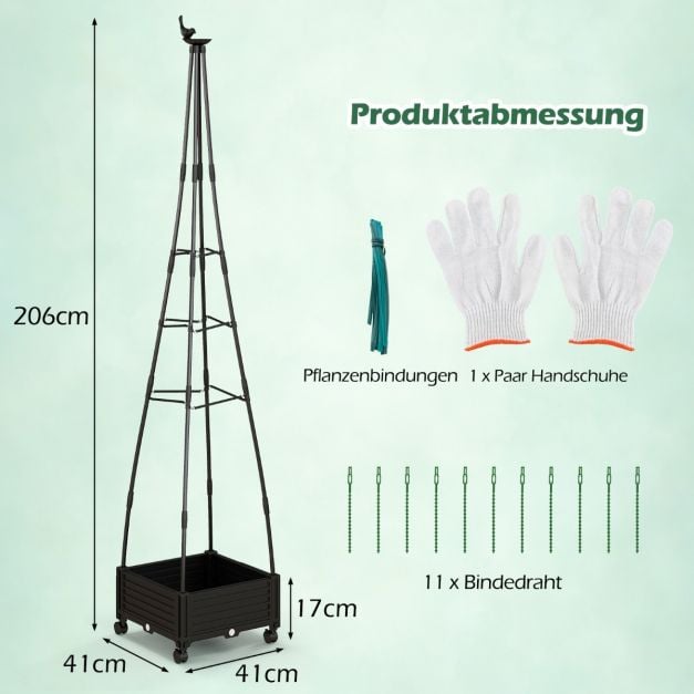 Coast Pflanzenstütze mit Blumenkasten, schwarz – Fahrbarer Gartenobelisk mit Klettergitter und Rädern – 41 x 41 x 206 cm