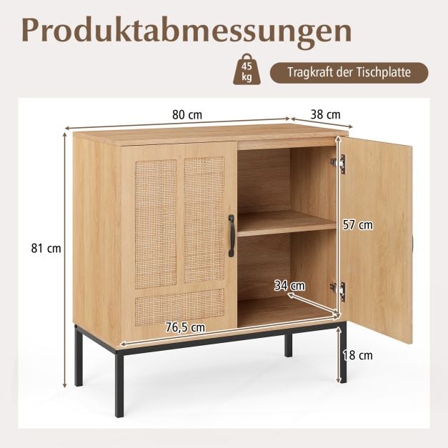 Coast Rattan Sideboard Natural - Boho Aufbewahrungsschrank mit 2 Türen und verstellbarem Regal - 80 x 38 x 81 cm