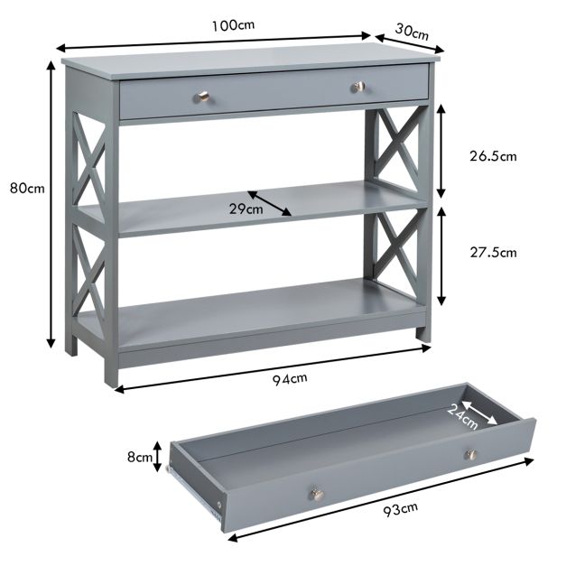 Coast Konsolentisch 3-stöckig – Holztisch für den Flur mit Schublade 100 x 30 x 80 cm – Grau