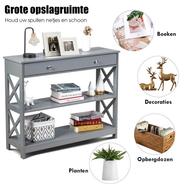 Coast Konsolentisch 3-stöckig – Holztisch für den Flur mit Schublade 100 x 30 x 80 cm – Grau