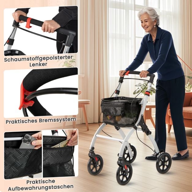 Coast Rollator Weiß/Schwarz - Schmaler faltbarer Rollator mit Tablett, Korb und Bremsen - 68 x 53 x 90-103 cm