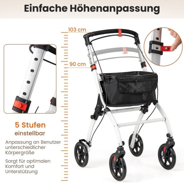 Coast Rollator Weiß/Schwarz - Schmaler faltbarer Rollator mit Tablett, Korb und Bremsen - 68 x 53 x 90-103 cm