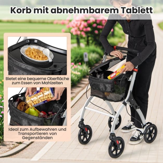 Coast Rollator Weiß/Schwarz - Schmaler faltbarer Rollator mit Tablett, Korb und Bremsen - 68 x 53 x 90-103 cm