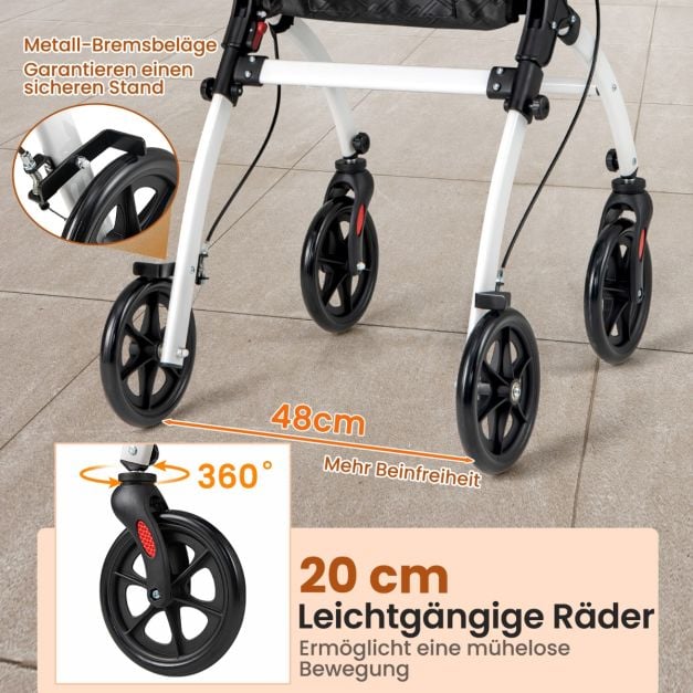Coast Rollator Weiß/Schwarz - Schmaler faltbarer Rollator mit Tablett, Korb und Bremsen - 68 x 53 x 90-103 cm