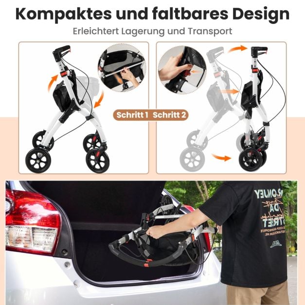 Coast Rollator Weiß/Schwarz - Schmaler faltbarer Rollator mit Tablett, Korb und Bremsen - 68 x 53 x 90-103 cm