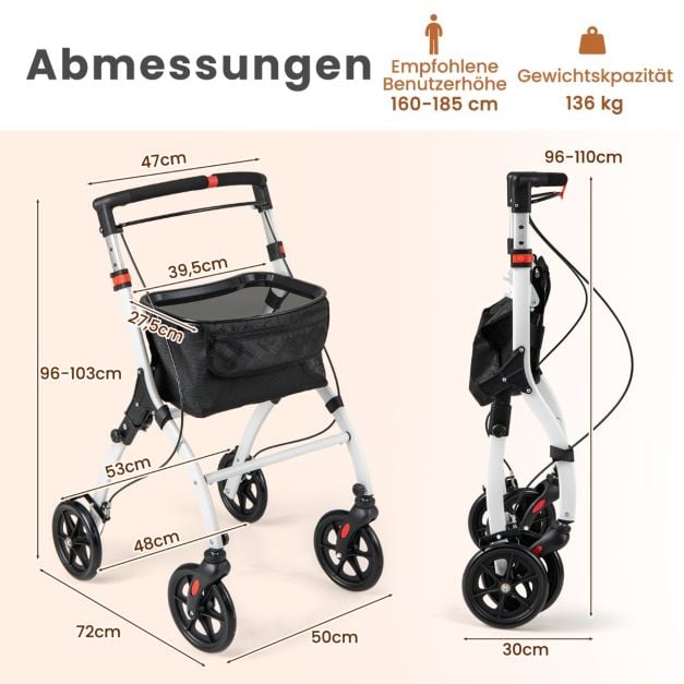 Coast Rollator Weiß/Schwarz - Schmaler faltbarer Rollator mit Tablett, Korb und Bremsen - 68 x 53 x 90-103 cm