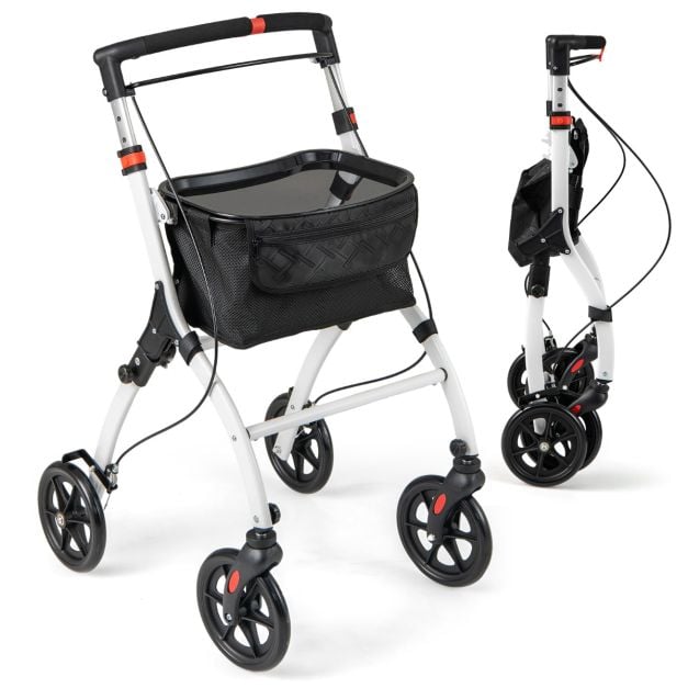 Coast Rollator Weiß/Schwarz - Schmaler faltbarer Rollator mit Tablett, Korb und Bremsen - 68 x 53 x 90-103 cm