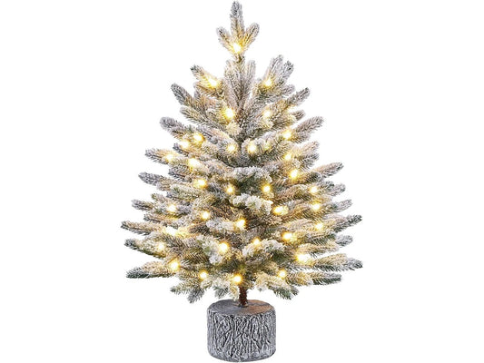 Yaheetech Künstlicher Mini-Weihnachtsbaum mit Schnee - Φ45 x 61 cm - Ausgestattet mit warmweißen LED-Lichtern und Metallständer und Formhalterung - Für Tisch und Fensterbank - Grünes PVC und Metall
