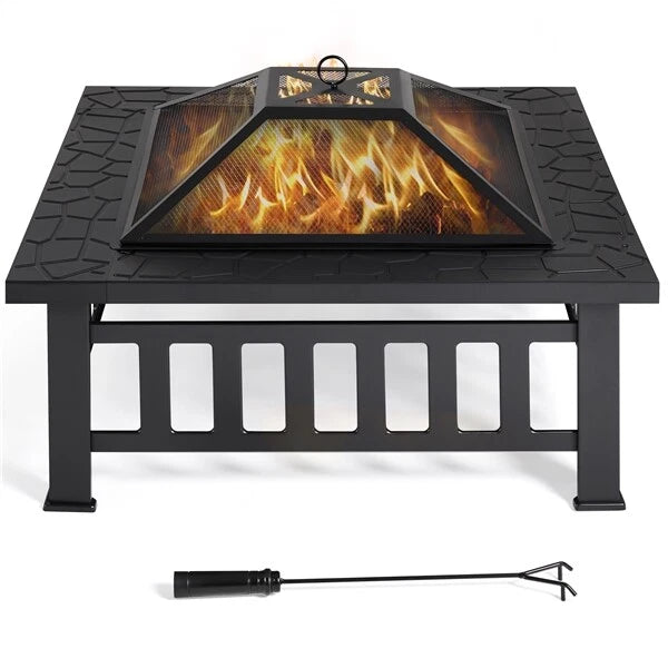 Yaheetech Outdoor Feuerschale quadratisch - ausgestattet mit Funkenschutz und Schürhaken und wasserdichter Abdeckung - für Garten und Terrasse - schwarzes Metall - 81,2 x 81,2 x 50 cm