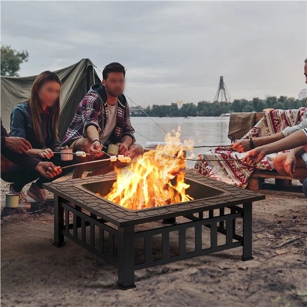 Yaheetech Outdoor Feuerschale quadratisch - ausgestattet mit Funkenschutz und Schürhaken und wasserdichter Abdeckung - für Garten und Terrasse - schwarzes Metall - 81,2 x 81,2 x 50 cm