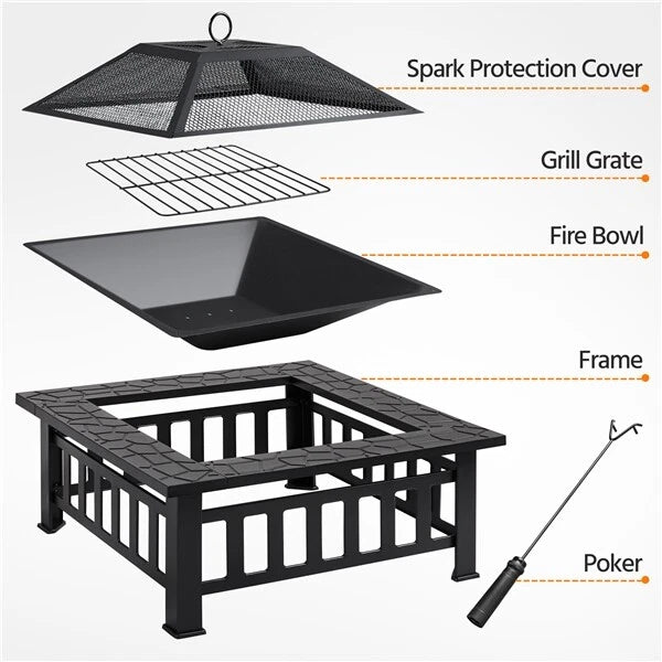 Yaheetech Outdoor Feuerschale quadratisch - ausgestattet mit Funkenschutz und Schürhaken und wasserdichter Abdeckung - für Garten und Terrasse - schwarzes Metall - 81,2 x 81,2 x 50 cm