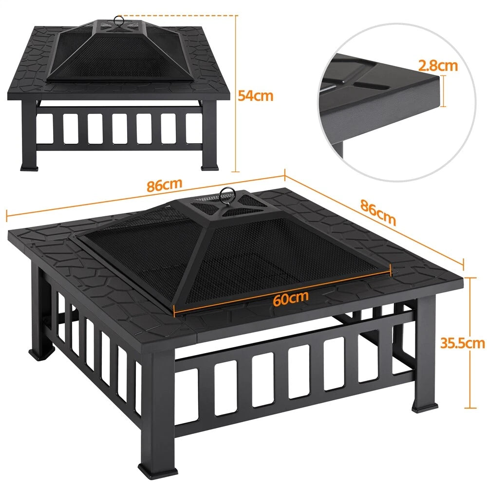 Yaheetech Outdoor Feuerschale quadratisch - ausgestattet mit Funkenschutz und Schürhaken und wasserdichter Abdeckung - für Garten und Terrasse - schwarzes Metall - 81,2 x 81,2 x 50 cm