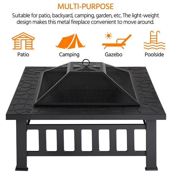 Yaheetech Outdoor Feuerschale quadratisch - ausgestattet mit Funkenschutz und Schürhaken und wasserdichter Abdeckung - für Garten und Terrasse - schwarzes Metall - 81,2 x 81,2 x 50 cm