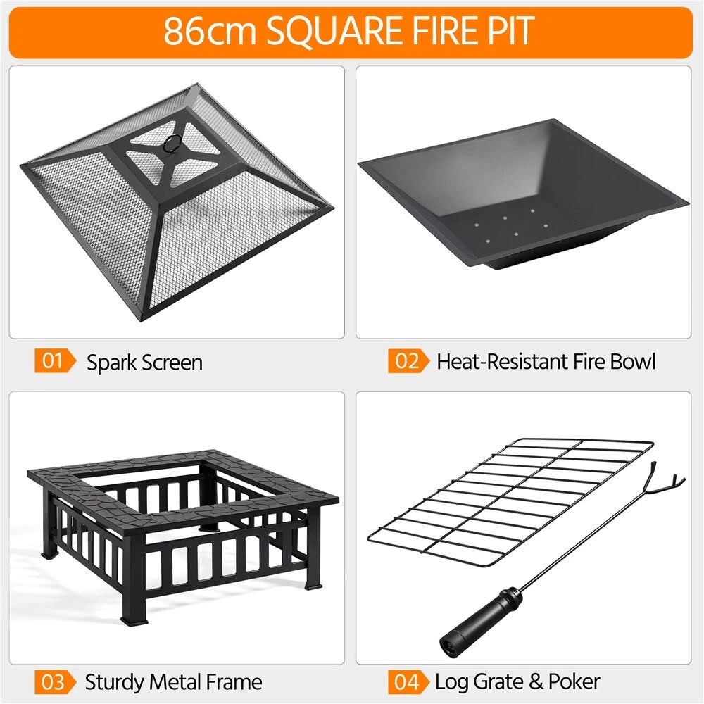 Yaheetech Outdoor Feuerschale quadratisch - ausgestattet mit Funkenschutz und Schürhaken und wasserdichter Abdeckung - für Garten und Terrasse - schwarzes Metall - 81,2 x 81,2 x 50 cm