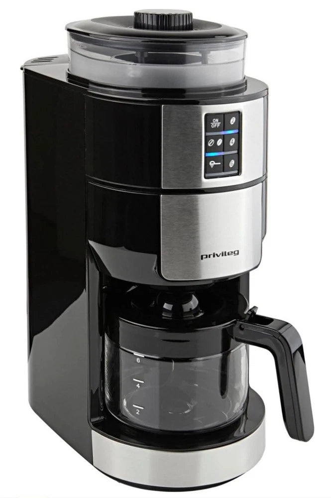 Privileg - Kaffeemaschine mit integrierter Kaffeemühle - für Kaffeebohnen und gemahlenen Kaffee - mit Digitalanzeige und Timer - ohne Kaffeekanne - schwarzer und silberner Kunststoff