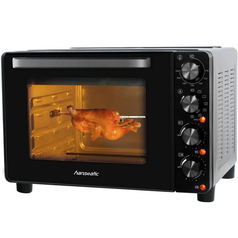 Hanseatic - Multi-Ofen mit 2 Glaskeramik-Kochfeldern - 28 Liter & 3100 Watt - Mit Ober- & Unterhitze & Grillfunktion - Kompakter Backofen - Schwarzes Metall & Glas