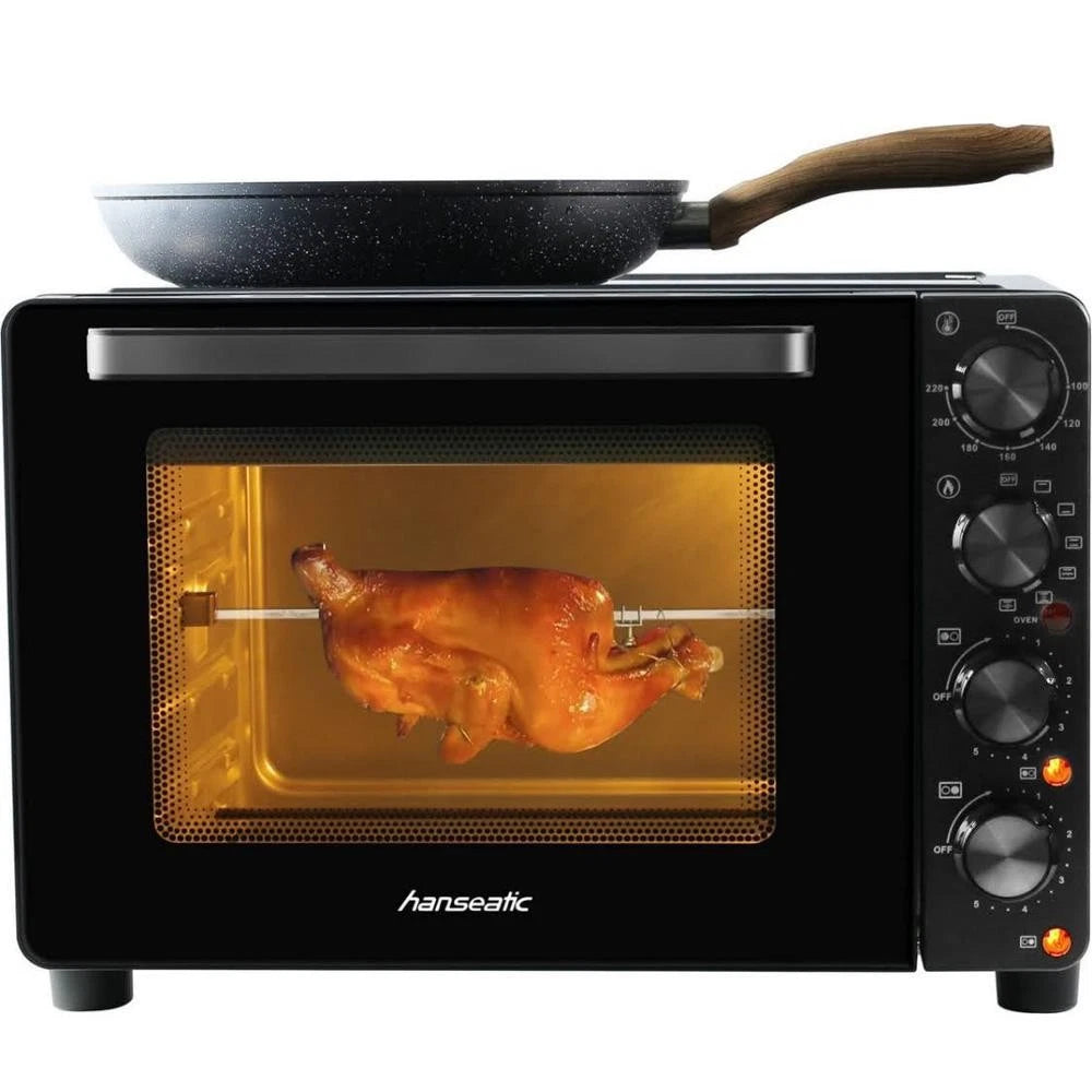 Hanseatic - Multi-Ofen mit 2 Glaskeramik-Kochfeldern - 28 Liter & 3100 Watt - Mit Ober- & Unterhitze & Grillfunktion - Kompakter Backofen - Schwarzes Metall & Glas