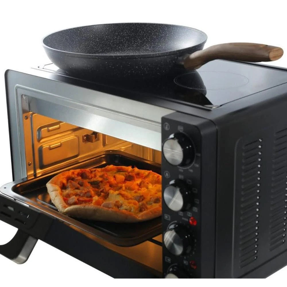 Hanseatic - Multi-Ofen mit 2 Glaskeramik-Kochfeldern - 28 Liter & 3100 Watt - Mit Ober- & Unterhitze & Grillfunktion - Kompakter Backofen - Schwarzes Metall & Glas