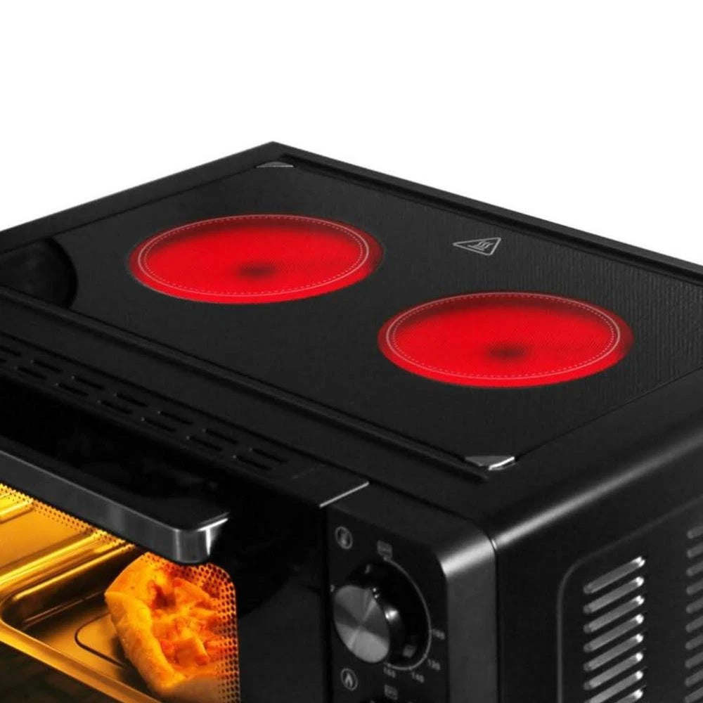Hanseatic - Multi-Ofen mit 2 Glaskeramik-Kochfeldern - 28 Liter & 3100 Watt - Mit Ober- & Unterhitze & Grillfunktion - Kompakter Backofen - Schwarzes Metall & Glas