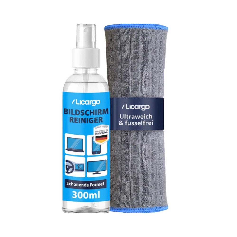 LICARGO Bildschirmreiniger-Set Premium – Mit alkoholfreiem Reinigungsspray und fusselfreiem Mikrofasertuch sowie streifenfreier Wirkung – Für Monitore und Autodisplays – Blaue und weiße Flüssigkeit – 300 ml