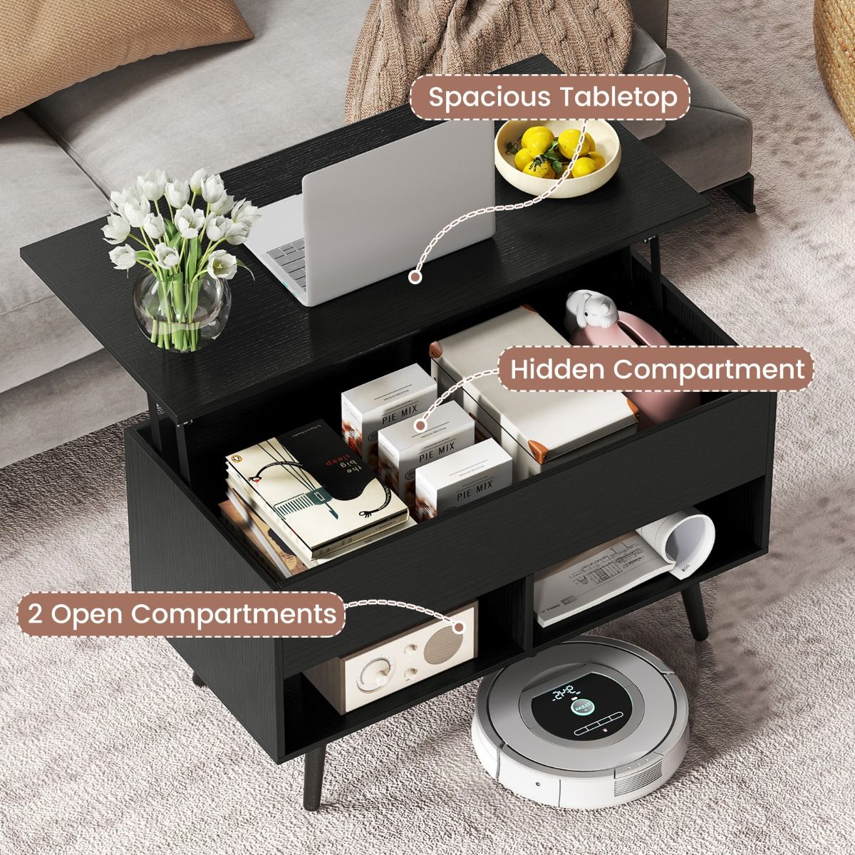 Coast Couchtisch - Höhenverstellbarer moderner Wohnzimmertisch - 80 x 40 x 46-60 cm - Schwarz