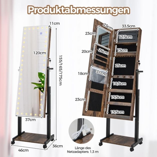 Coast Schmuckschrank Braun - 4-in-1 Spiegelschrank auf Rädern mit 3-Farben-LED und Höhenverstellung - 46 x 35 x 155-175 cm